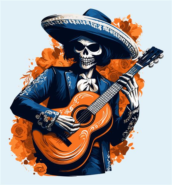 نمای جلوی کالورا جمجمه مردمی مکزیکی در حال نواختن گیتار به سبک رنگ آمیزی تصویر برداری جدا شده در پس زمینه سفید