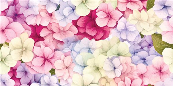 گل‌های گل آذین ادریسی به‌طور تصادفی در الگوی بدون درز چیده شده‌اند تصویر برداری گل به سبک آبرنگ پرنعمت