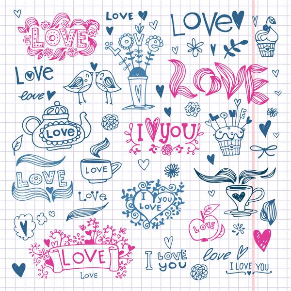 مجموعه ای از تصاویر وکتور به سبک طرح برای روز ولنتاین قلب و متن عشق چیدمان گل خانه های دنج فنجان و قوری با قلب