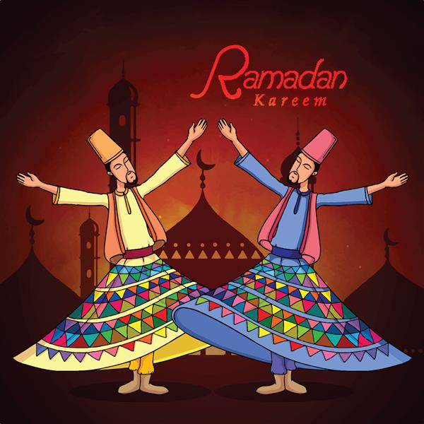 ماه مبارک جامعه مسلمانان جشن رمضان کریم با تصویر درویش در زمینه شب مسجد اسلامی