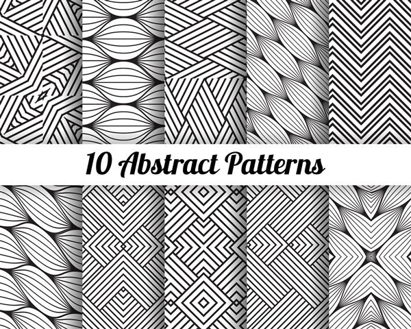 مجموعه 10 الگوی انتزاعی پس زمینه وکتور بدون درز سیاه و سفید