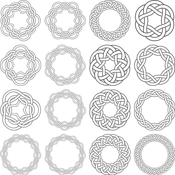 مجموعه حلقه های گره سلتیک شانزده عنصر تزئینی دایره ای با نوارهای بافته شده برای طراحی شما