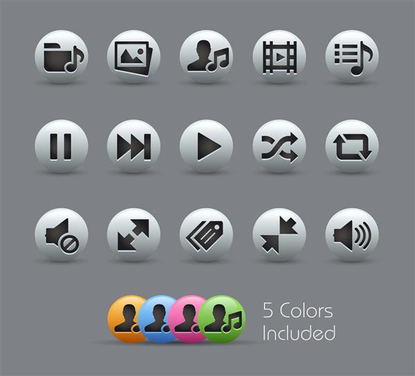 آیکون های پخش کننده رسانه سری مرواریدی فایل وکتور شامل 5 نسخه رنگی برای هر نماد در لایه های مختلف
