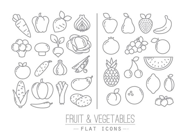 مجموعه ای از نمادهای تخت میوه و سبزیجات که با خطوط سیاه در پس زمینه سفید طراحی می شوند