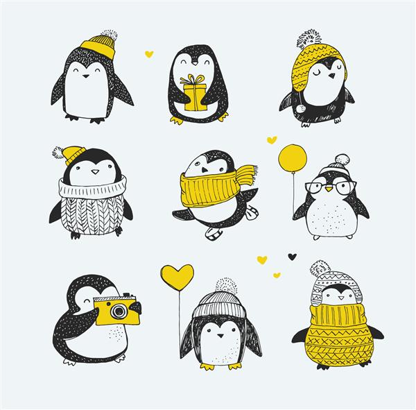 مجموعه پنگوئن‌های وکتور زیبا طراحی شده با دست - تبریک کریسمس مبارک