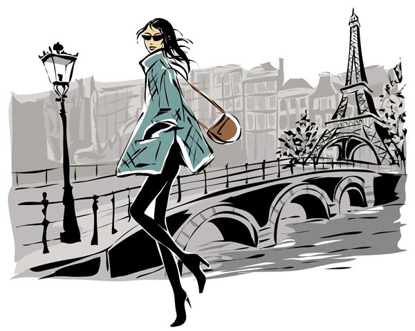 مدل های مد در سبک طرح زمستانی پاییز با پس زمینه شهر پاریس تصویر برداری دست کشیده