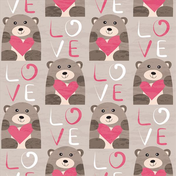 خرس با الگوی بدون درز قلب طراحی دستی برای کارت تبریک روز ولنتاین و تولد پارچه کاغذ بسته بندی دعوت نامه لوازم التحریر