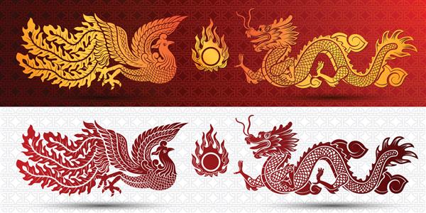 الگوی سنتی چینی با اژدها و ققنوس چینی در پس‌زمینه قرمز