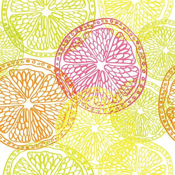 تصویر الگوی طراحی پس‌زمینه پرتقال لیمو آهک گریپ فروت برش خورده الگوی بدون درز مرکبات عناصر کاشی کاری شده با دست مرکبات