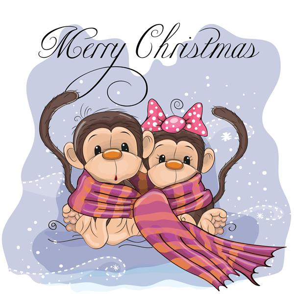 کارت تبریک کریسمس دو میمون در یک روسری پیچیده شده است