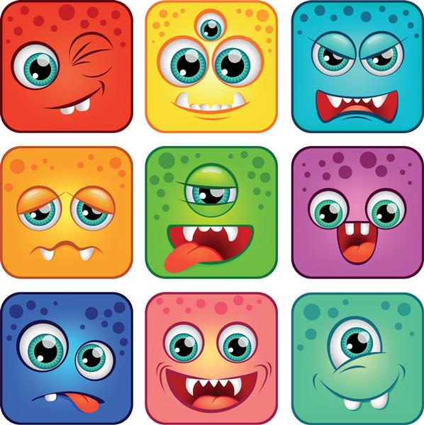 هیولاها چهره های کارتونی مربعی با احساسات