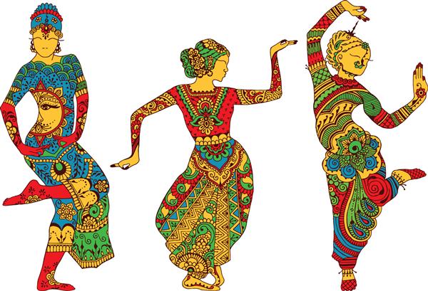 سه سیلوئت از زنان رقصنده به سبک mehendi نقاشی شده است