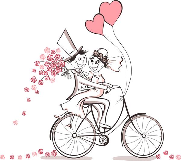 تازه ازدواج کرده زن و شوهر عروسی که با دست در عشق روی دوچرخه کشیده شده اند تصویر برداری کارتونی زیبا