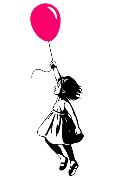 وکتور تصویر شبح سیاه و سفید با دست کشیده از یک دختر نوپا که در هوا شناور است با بادکنک قرمز صورتی در دست نمای جانبی عنصر طراحی هنری استنسیل گرافیتی به سبک هنر خیابانی شهری