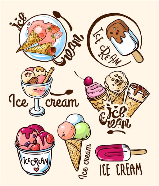 بستنی با تصویر برداری با دست زیبا لوگوی بستنی
