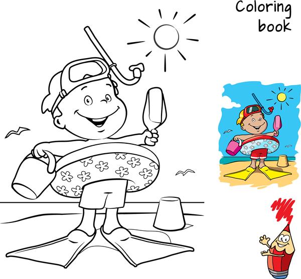 پسر بچه کارتونی با دایره شنا باله و ماسک در ساحل کتاب رنگ آمیزی تصویر برداری