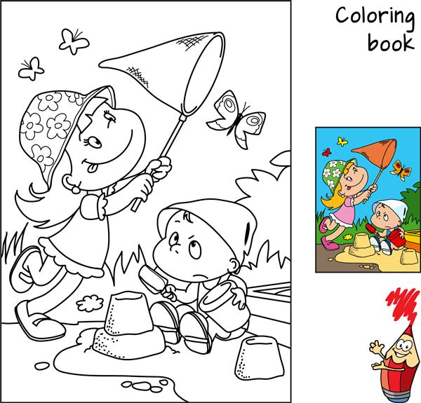 بچه های کوچک کارتونی زیبا بازی می کنند کتاب رنگ آمیزی تصویر برداری