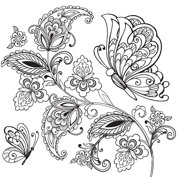 الگوی پیزلی و پروانه های دستی برای صفحه رنگ آمیزی ضد استرس