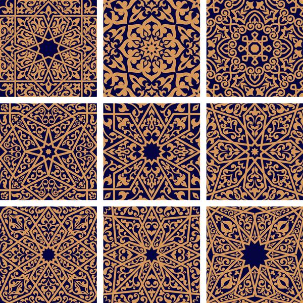 الگوهای گل بدون درز عربی با مجموعه ای از زیور آلات عربی به رنگ نارنجی با گل برگ و نقوش قومی هندسی در زمینه آبی تیره طراحی چاپ کاشی و پارچه