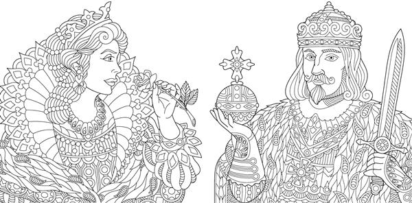 پادشاه تلطیف شده شاهزاده با عصا و شمشیر ملکه جوان شاهزاده خانم که یک گل رز در دست دارد طرحی با دست آزاد برای صفحه کتاب رنگ آمیزی ضد استرس بزرگسالان با عناصر ابله و zentangle