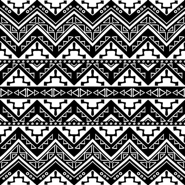 الگوی بدون درز دستی با انگیزه های قبیله ای آزتک کاغذ دیواری انتزاعی سیاه و سفید به سبک بوهو