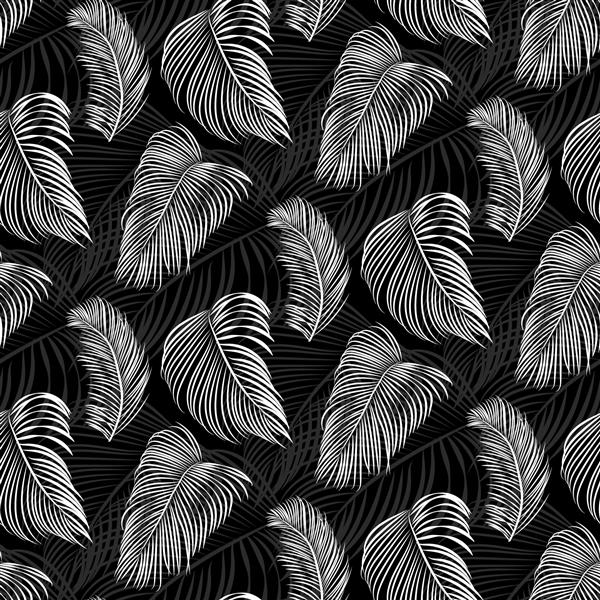 الگوی بدون درز استوایی سیاه و سفید از شاخه و برگ نخل تصویر برداری