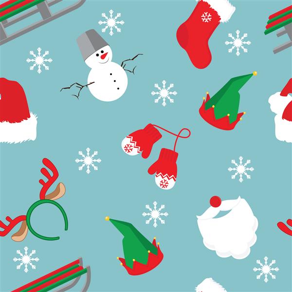 تصویر برداری الگوی بدون درز کریسمس با بابا نوئل شاخ گوزن شمالی دستکش آدم برفی کلاه گنوم جوراب کریسمس و سورتمه