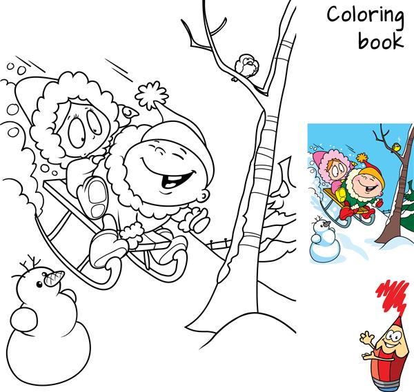 کودکانی که با سورتمه از تپه ها پایین می روند کتاب رنگ آمیزی تصویر برداری کارتونی