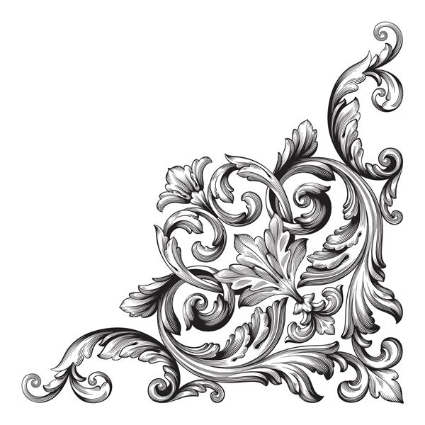 پرنعمت باروک گوشه زینت حکاکی گوشه الگوی یکپارچهسازی با سیستمعامل گل به سبک عتیقه آکانتوس شاخ و برگ چرخش عناصر طراحی تزئینی خوشنویسی فیلیگرن عنصر گوشه ایزوله طراحی