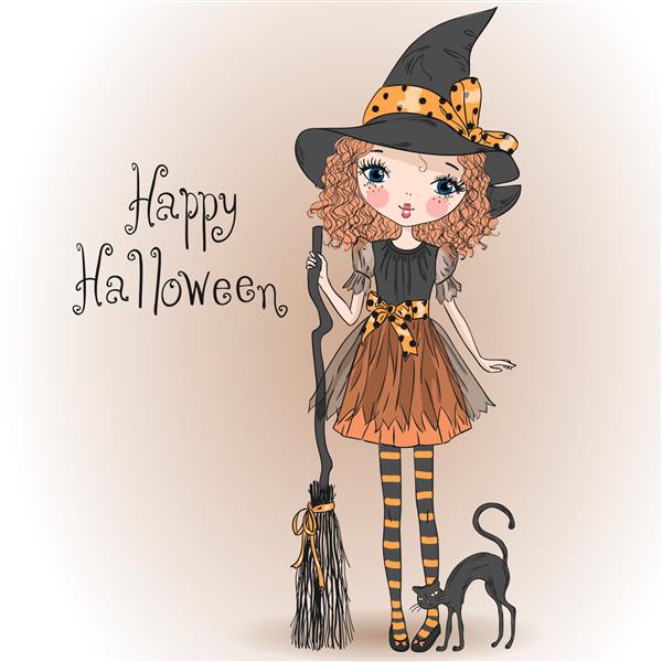 جادوگر دختر ناز کوچک هالووین با گربه سیاه و جارو تصویر برداری