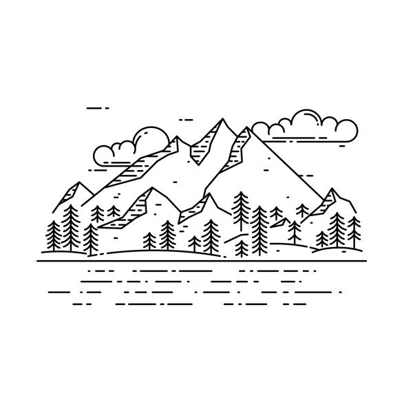 وکتور منظره خطی مسطح دریا کوه جنگل و ابرهای جدا شده روی سفید مفهوم سفر کارت کاوش در طبیعت