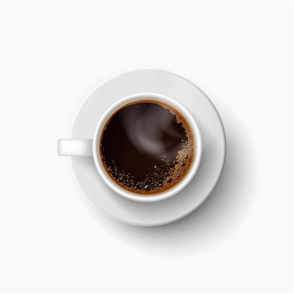 قهوه داغ در یک فنجان و نعلبکی سفید