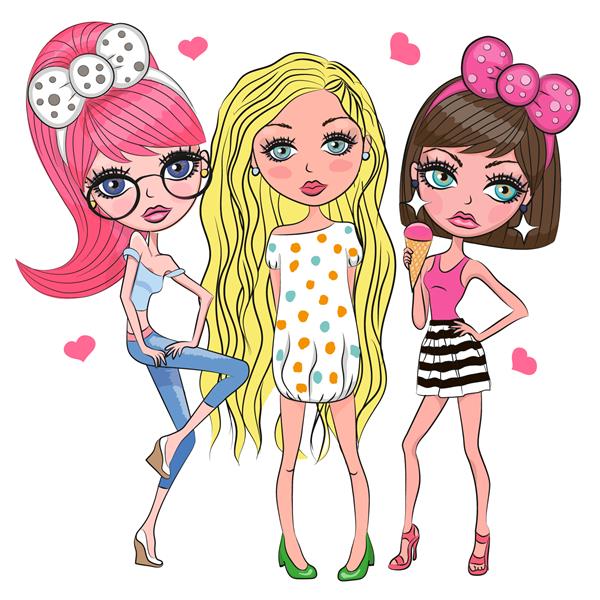 سه دختر کارتونی زیبا در پس زمینه سفید