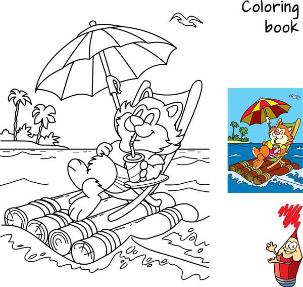 گربه چاق کارتونی ناز روی صندلی عرشه شناور در کنار دریا روی یک قایق با چتر کتاب رنگ آمیزی تصویر برداری