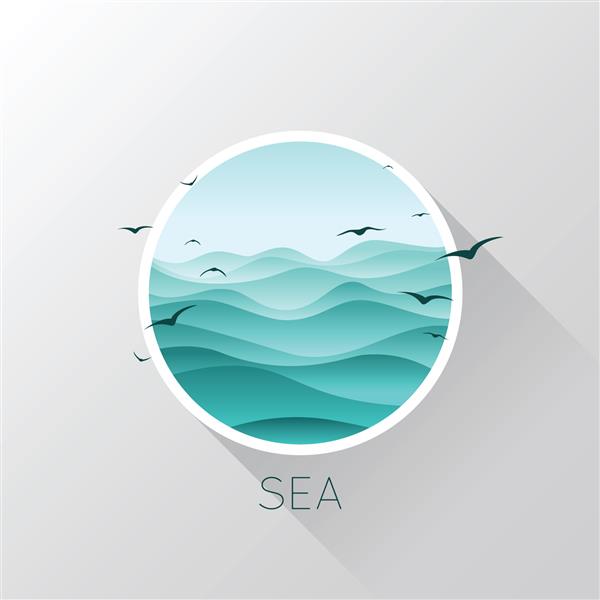 نماد دریا امواج و مرغان دریایی تصویر برداری