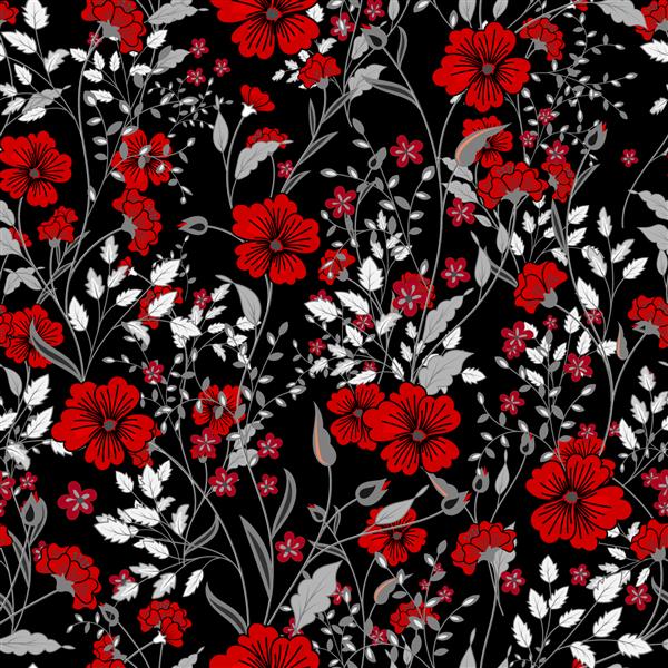 وکتور الگوی گل بدون درز قدیمی گیاهان و گل های وحشی سبک حکاکی تصویر گیاه شناسی خاکستری قرمز رنگارنگ در پس زمینه مشکی