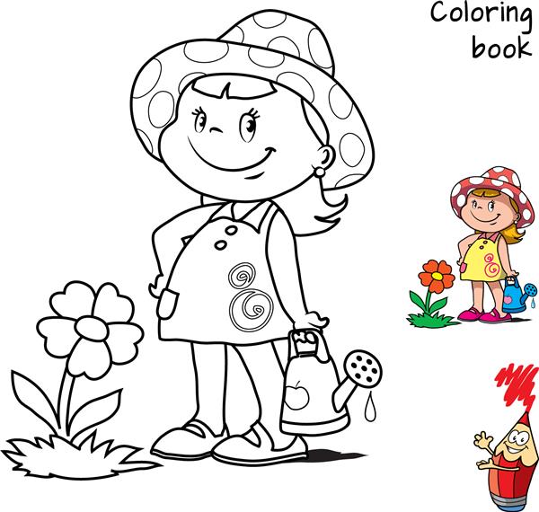 دختر بچه کارتونی ناز در حال آبیاری گل کتاب رنگ آمیزی تصویر برداری