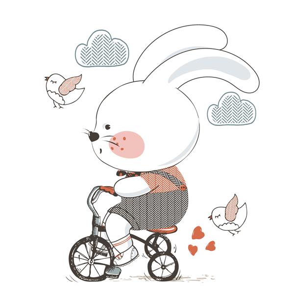خرگوش تصویر برداری با دست از اسم حیوان دست اموز دوچرخه سواری سه چرخه قابل استفاده برای طراحی پیراهن کودک یا نوزاد طراحی چاپ مد مد گرافیک تی شرت پوشیدن لباس کودکان