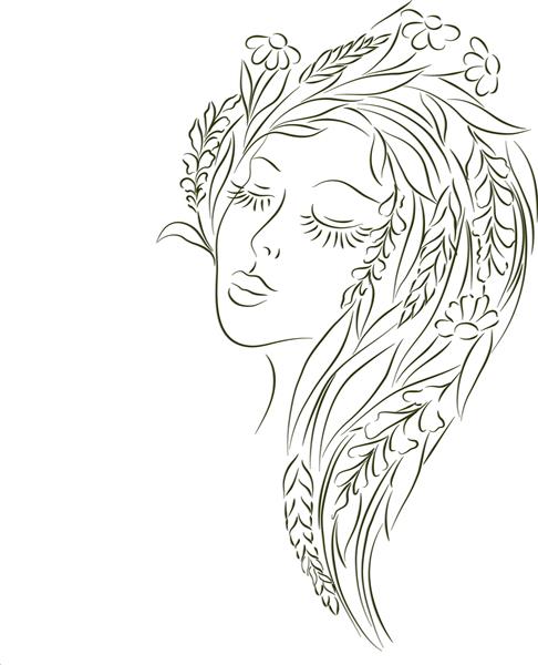 لوگوی شامپوی گیاهی کانتور صورت زن با چشمان بسته زنی با موهای ساخته شده از گل و گیاهان پس زمینه سفید