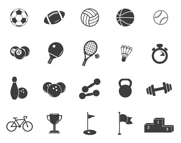 نمادهای مجموعه ورزشی تصویر برداری مسطح به رنگ مشکی در پس زمینه سفید EPS 10 وزن توپ سکوی تنیس بیلیارد راگبی بولینگ بیسبال فوتبال بسکتبال کرونومتر