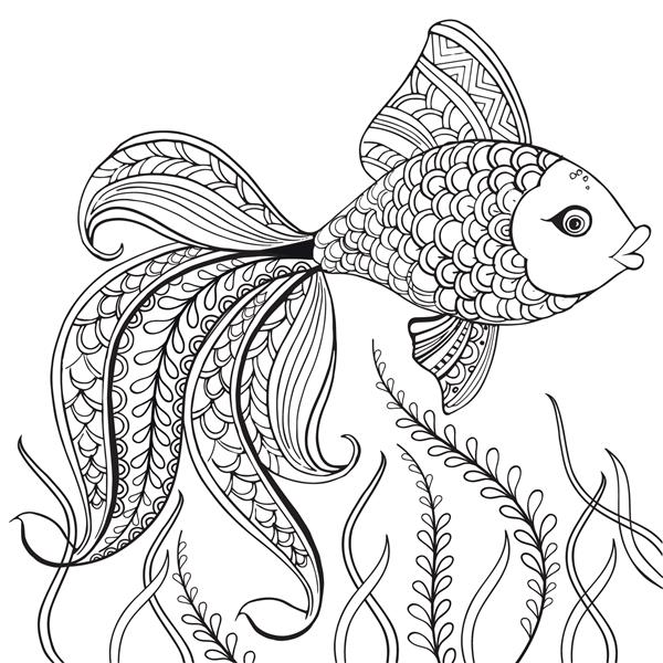 ماهی تزئینی با دست برای صفحه رنگ آمیزی ضد استرس ماهی تزئینی سیاه و سفید با دست کشیده شده روی پس زمینه سفید