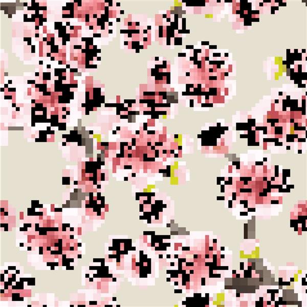 الگوی پس زمینه بدون درز از شکوفه ساکورا صورتی یا گیلاس گلدار ژاپنی نماد بهار در قالب مربع چیدمان تصادفی مناسب برای پارچه فایل وکتور EPS 10 گنجانده شده است