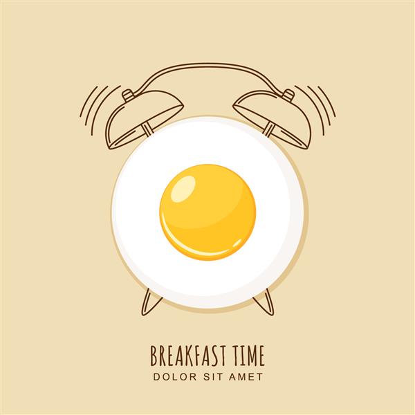 تخم مرغ سرخ شده و ساعت زنگ دار طرح کلی تصویر برداری از صبحانه مفهومی برای منوی صبحانه کافه رستوران قالب طراحی لوگو پس زمینه غذا