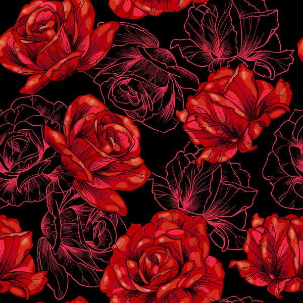 گل رز قرمز در پس زمینه سیاهوکتور الگوی بدون درز