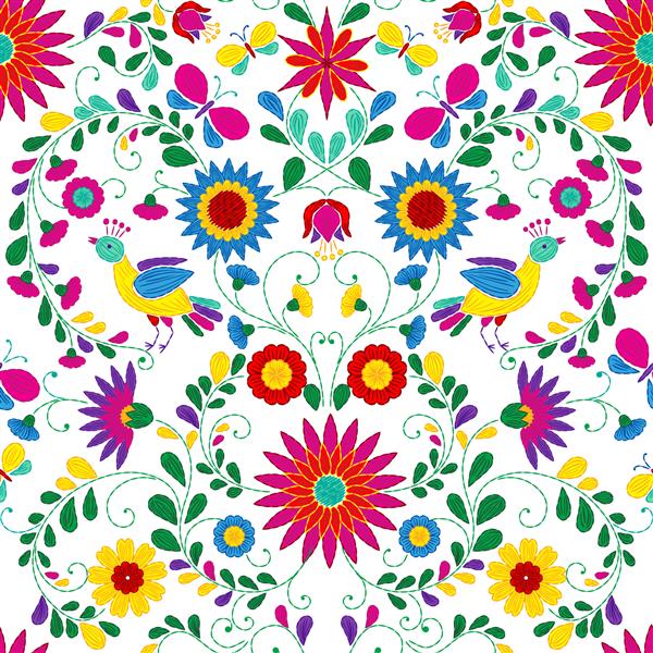 الگوی قومی رنگارنگ و آراسته الگوی بدون درز گلدوزی مکزیکی پس زمینه روشن پرندگان و گل ها