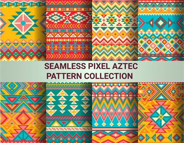 مجموعه ای از الگوهای پیکسل بدون درز روشن به سبک قبیله ای مثلث هندسی آزتک و الگوهای شورون