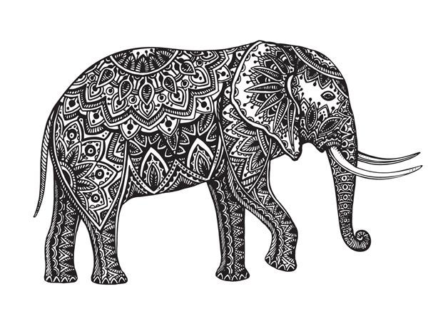 فیل طرح دار فانتزی تلطیف شده تصویر برداری دستی با عناصر گل سنتی شرقی