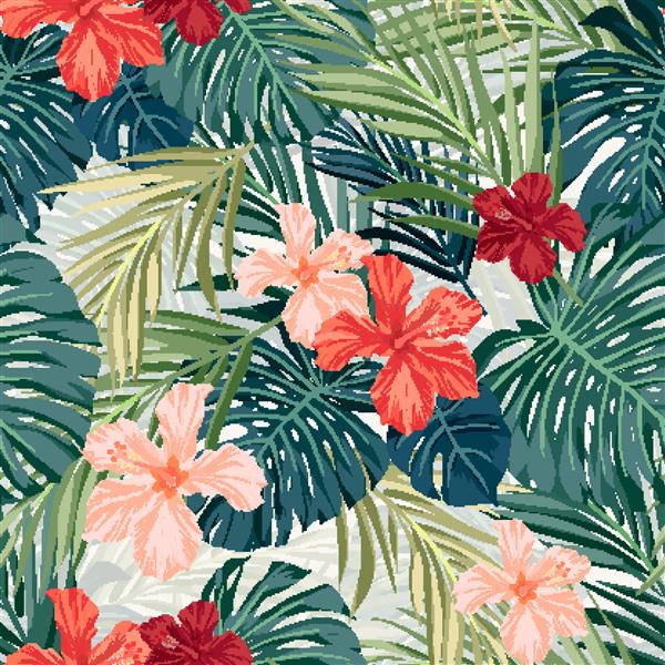 الگوی بدون درز رنگارنگ هاوایی تابستانی با گیاهان گرمسیری و گل های هیبیسکوس تصویر برداری
