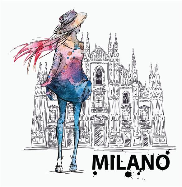 طرح مد دختری در پس‌زمینه Milano Duomo