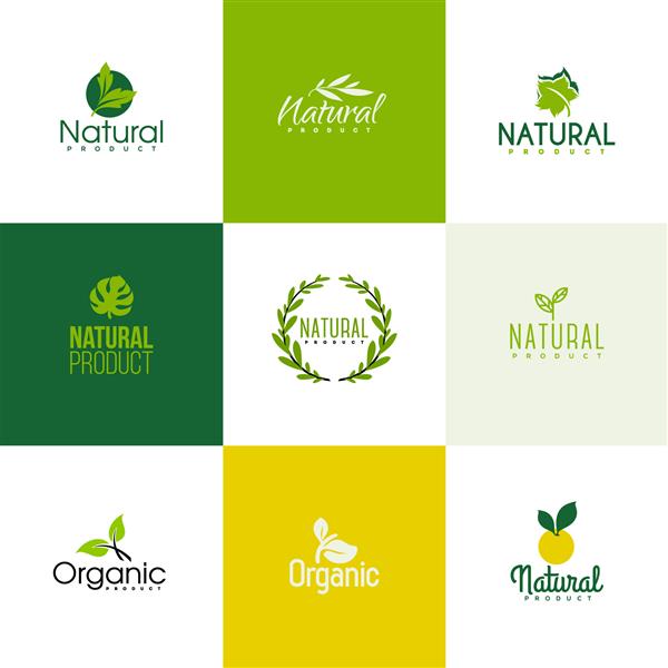 مجموعه ای از قالب های لوگوی محصولات طبیعی و ارگانیک نمادهای برگ و شاخه